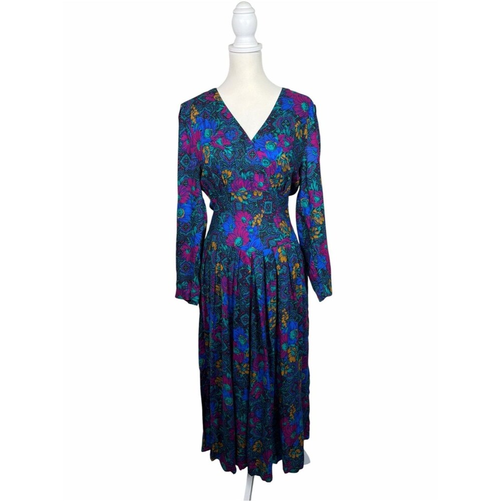 Vintage R.E.O. Originals Floral Paisley Midi Dress Size 12 Made in USA 90s
